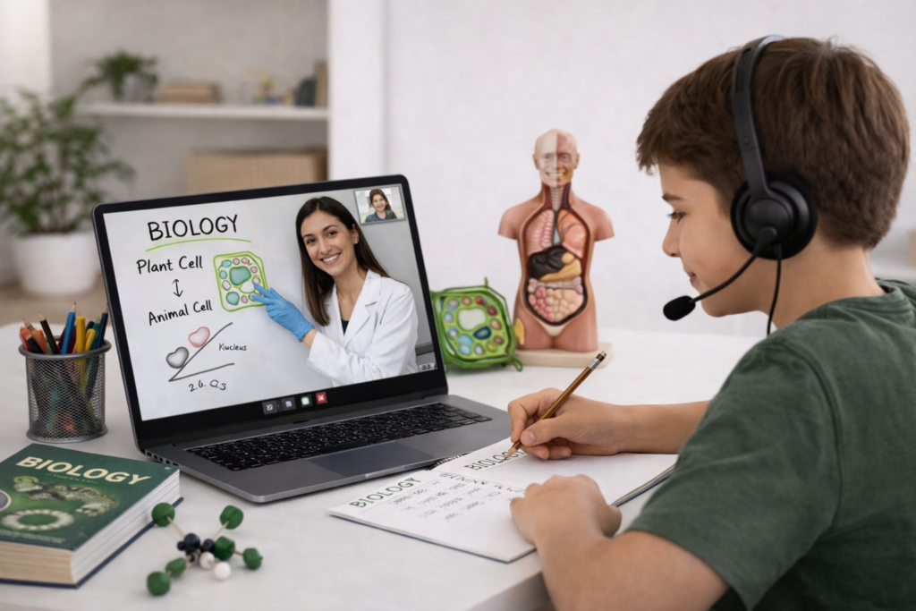 Online Biology Tutor lesson in a home classroom