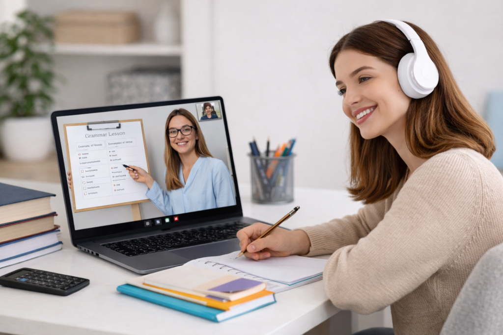 Online English Tutor lesson in a home classroom