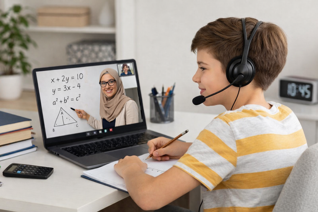 Online math tutor helping a student solve problems during a live class