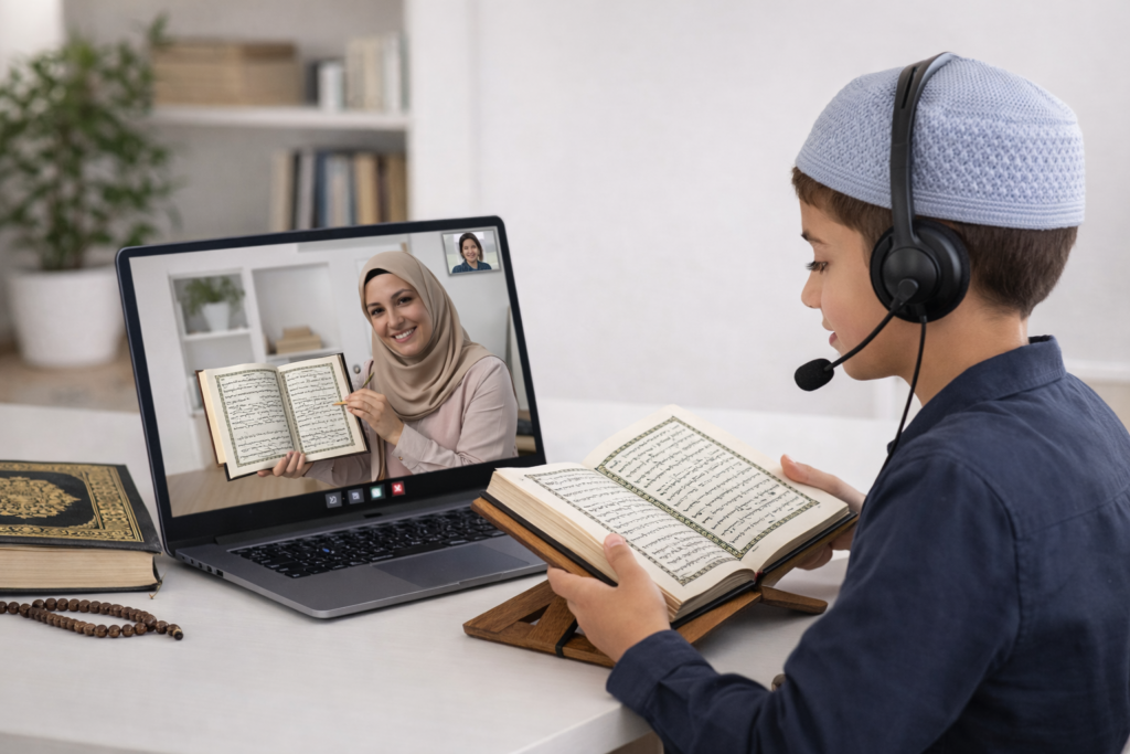Online Quran Tutor lesson in a home classroom